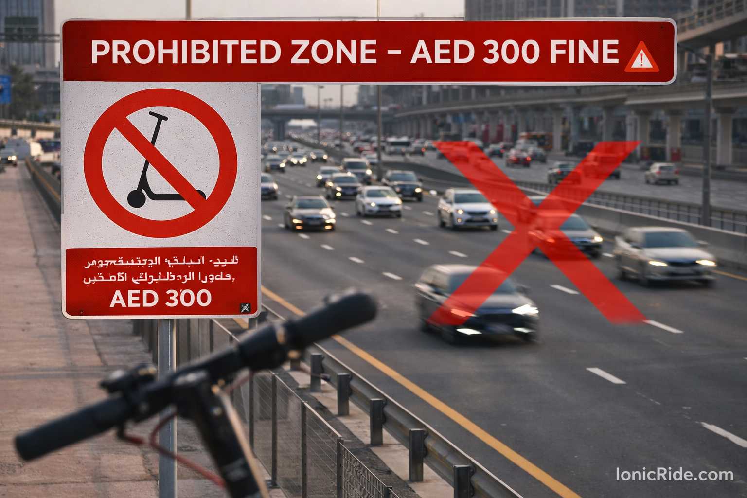 Warning signage and real scene of prohibited e-scooter zone in Dubai showing no entry markers and police enforcement area