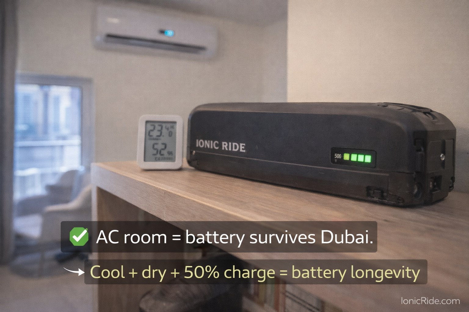 Proper E-Bike Battery Storage Dubai Apartment E-bike battery stored properly indoors in air-conditioned Dubai apartment at 22-24 degrees Celsius and 50 percent charge for optimal longevity