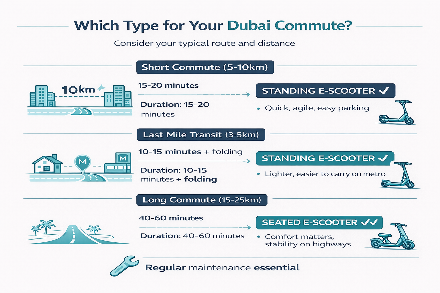 Pros and cons comparison chart of seated versus standing e-scooters for Dubai riders