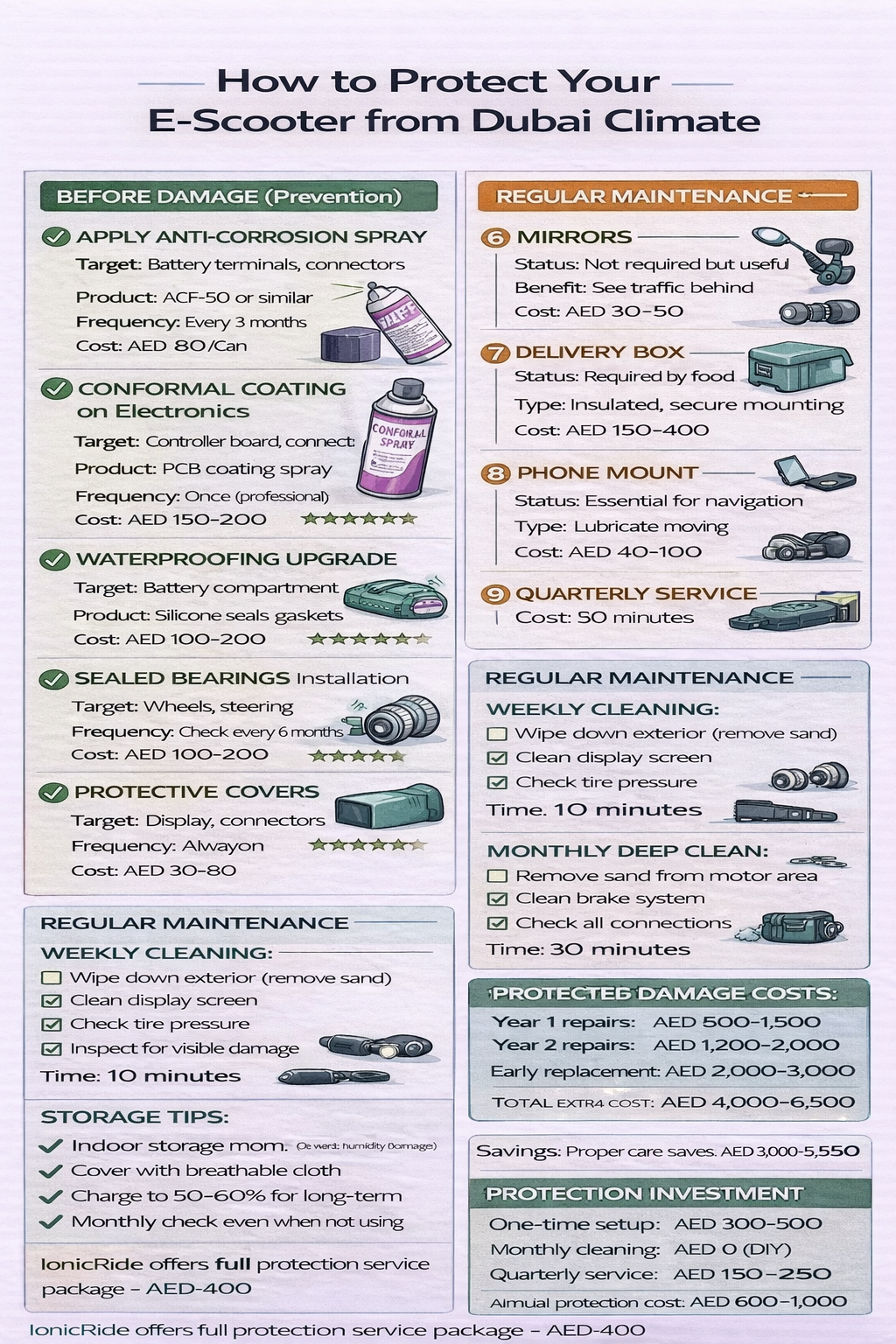 Protection and Prevention Guide for E-Scooters in Dubai Protection and prevention guide infographic showing how to reduce sand and humidity damage on e-scooters in Dubai