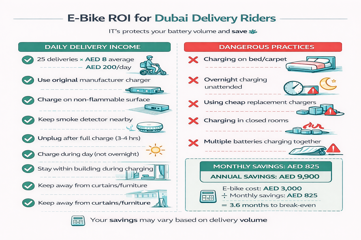 E-Bike ROI Calculations for Delivery Riders ROI calculation infographic comparing monthly running costs of petrol bikes versus e-bikes for delivery riders in Dubai
