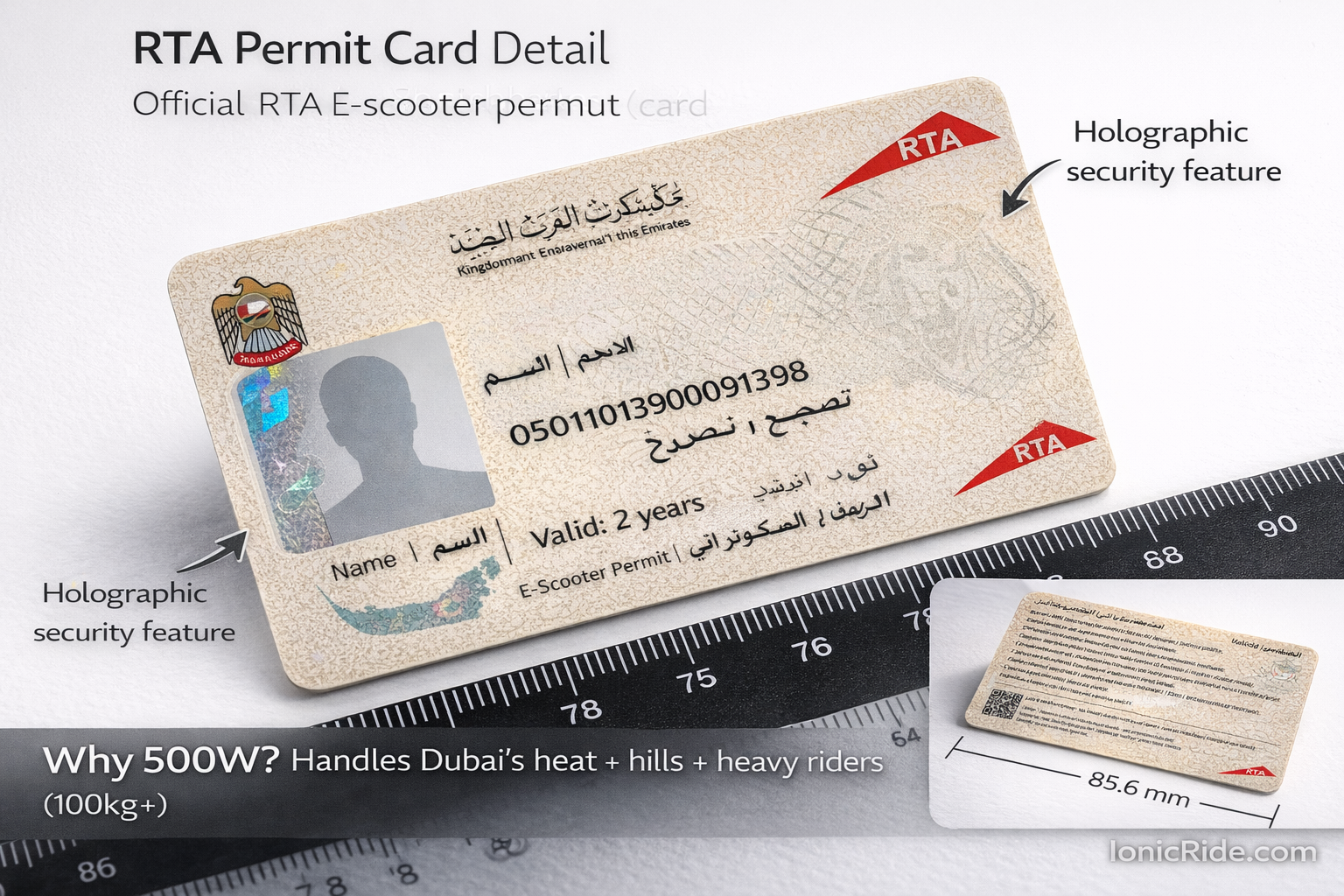 Detailed close-up of official RTA e-scooter permit card showing security features, QR code, expiry date, and proper mounting location on scooter