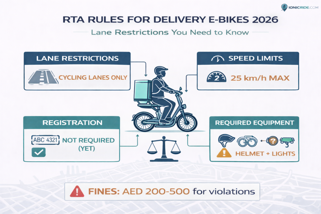 Official infographic showing RTA rules for delivery e-bikes in Dubai including lane restrictions, speed limits and equipment requirements