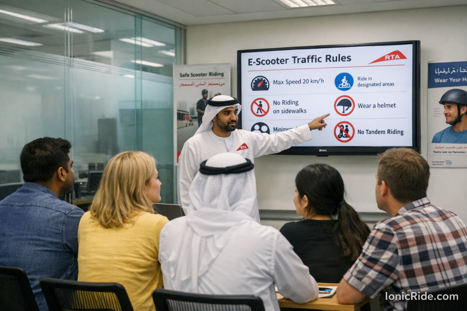 Dubai RTA training center interior showing e-scooter safety course setup with training equipment and instructor station