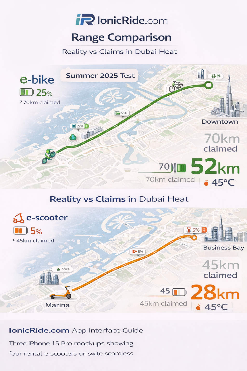 E-Bike E-Scooter Range Comparison Dubai Heat Detailed range comparison showing real-world distance capabilities of e-bikes versus e-scooters in Dubai summer heat with battery degradation factors