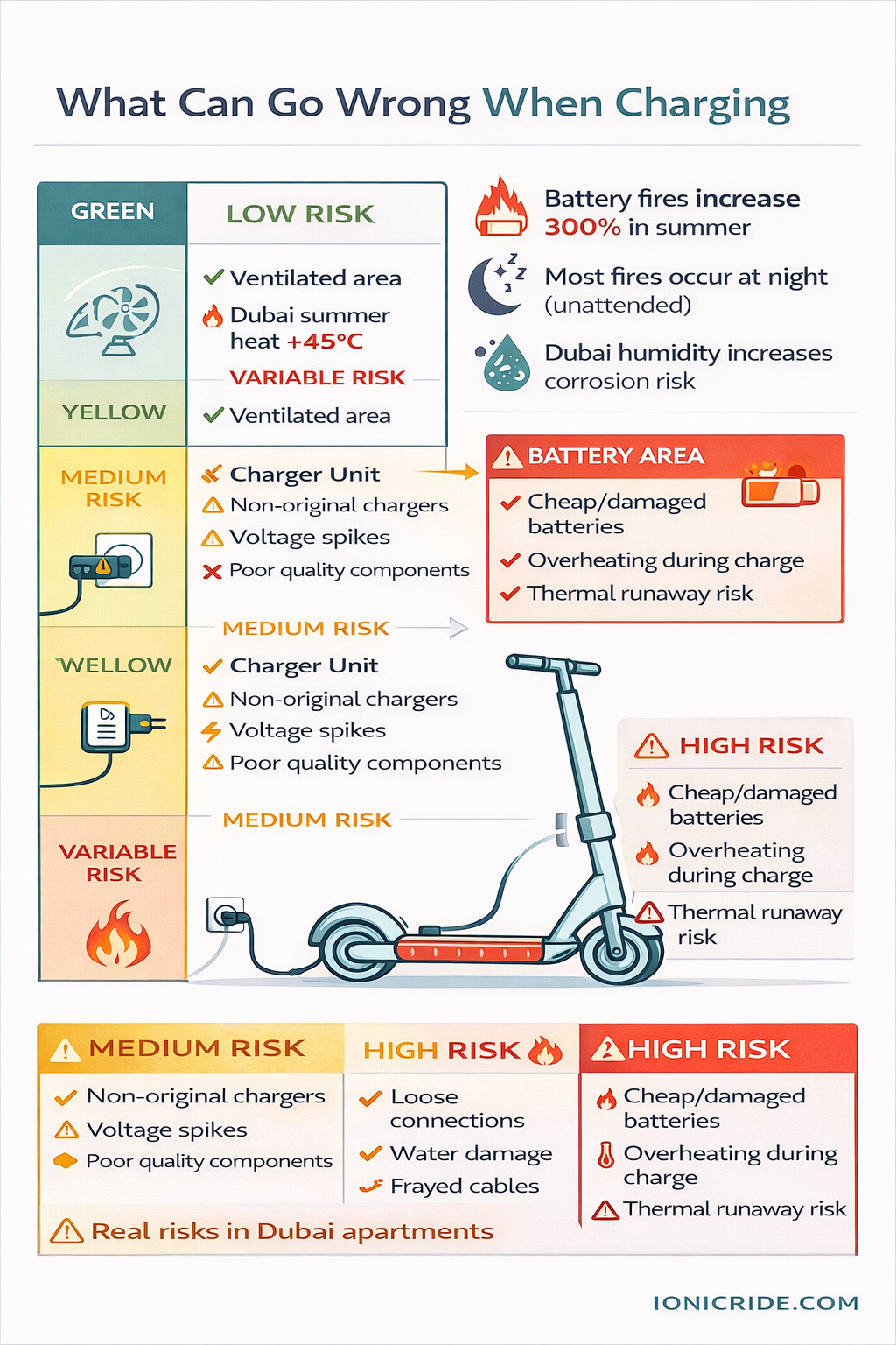 Safe E-Scooter Charging Checklist for Apartments Safe e-scooter charging checklist infographic for apartments including ventilation, smoke detector and heat control