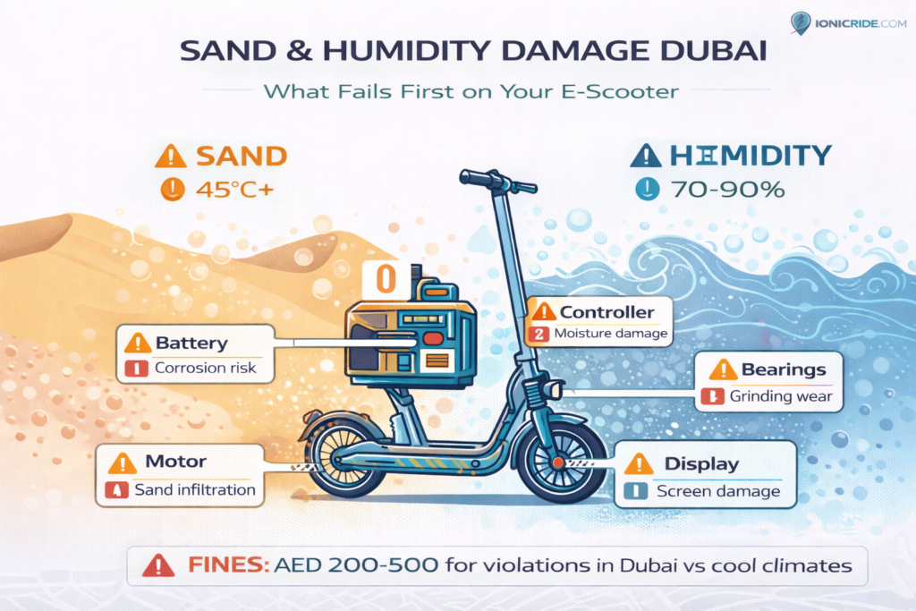 Environmental damage infographic showing how sand and humidity affect e-scooter components in Dubai