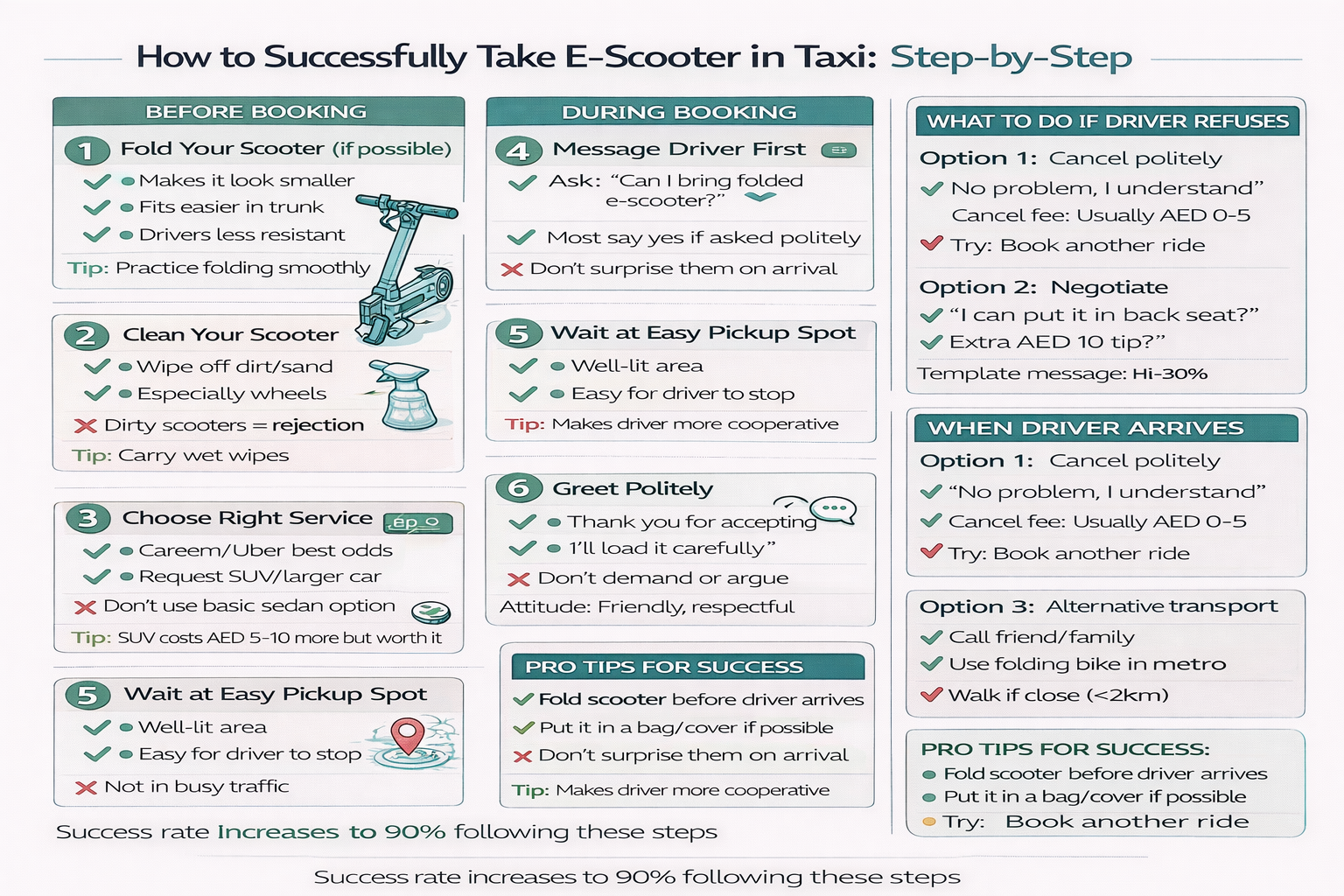 Step-by-step guide infographic showing how to successfully take an e-scooter in a taxi in Dubai