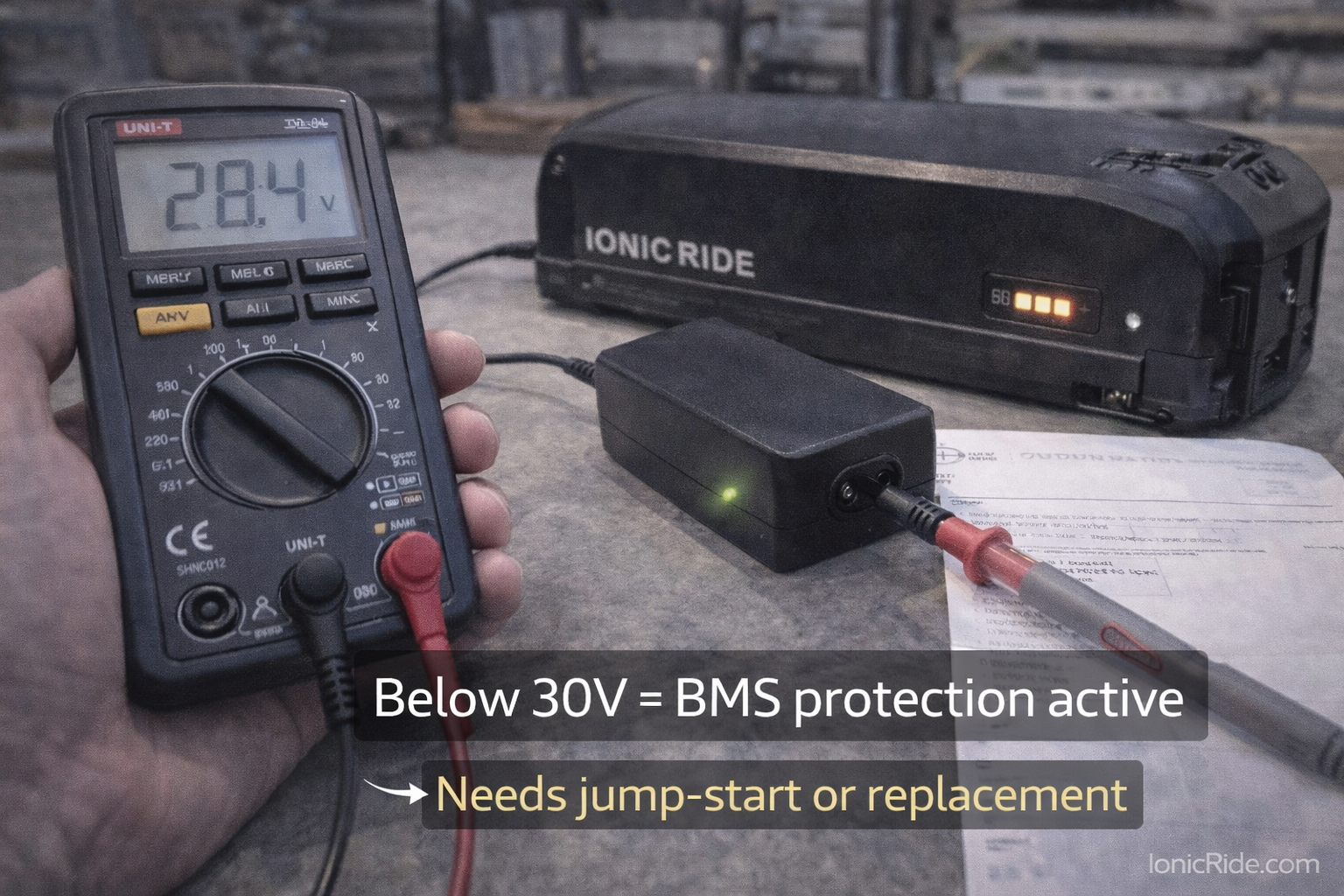 Digital multimeter testing e-bike charger output voltage showing 42.3V reading to diagnose charger failure versus battery problem