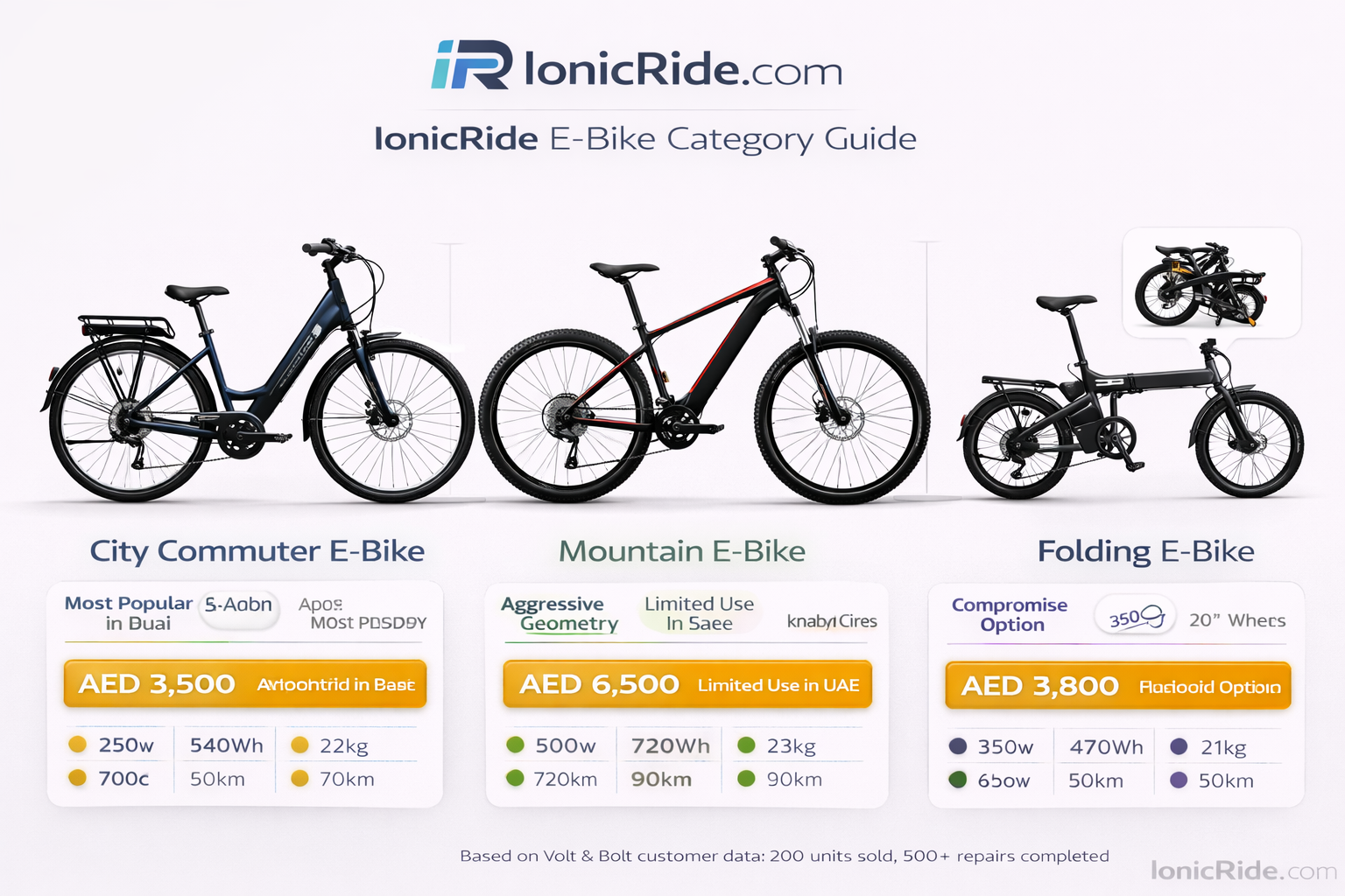 E-Bike Types Comparison Dubai Side-by-side comparison of three main e-bike types showing city commuter, mountain, and folding models with Dubai-specific use case recommendations