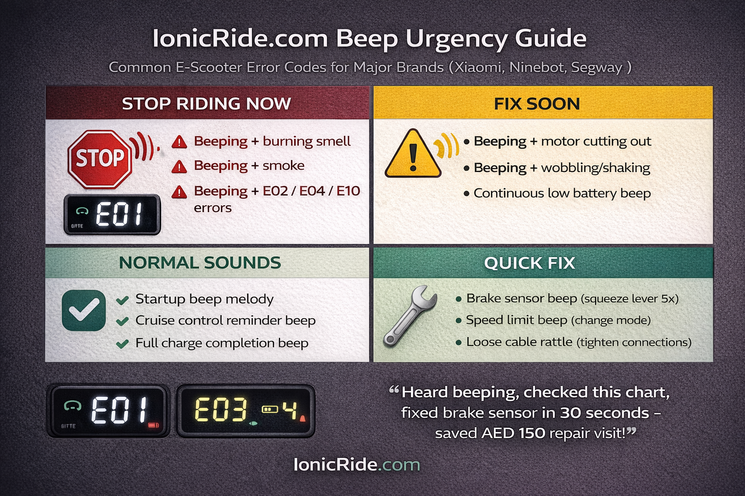 Decision matrix showing urgency levels for different e-scooter beep patterns from ride safe to stop immediately with recommended actions