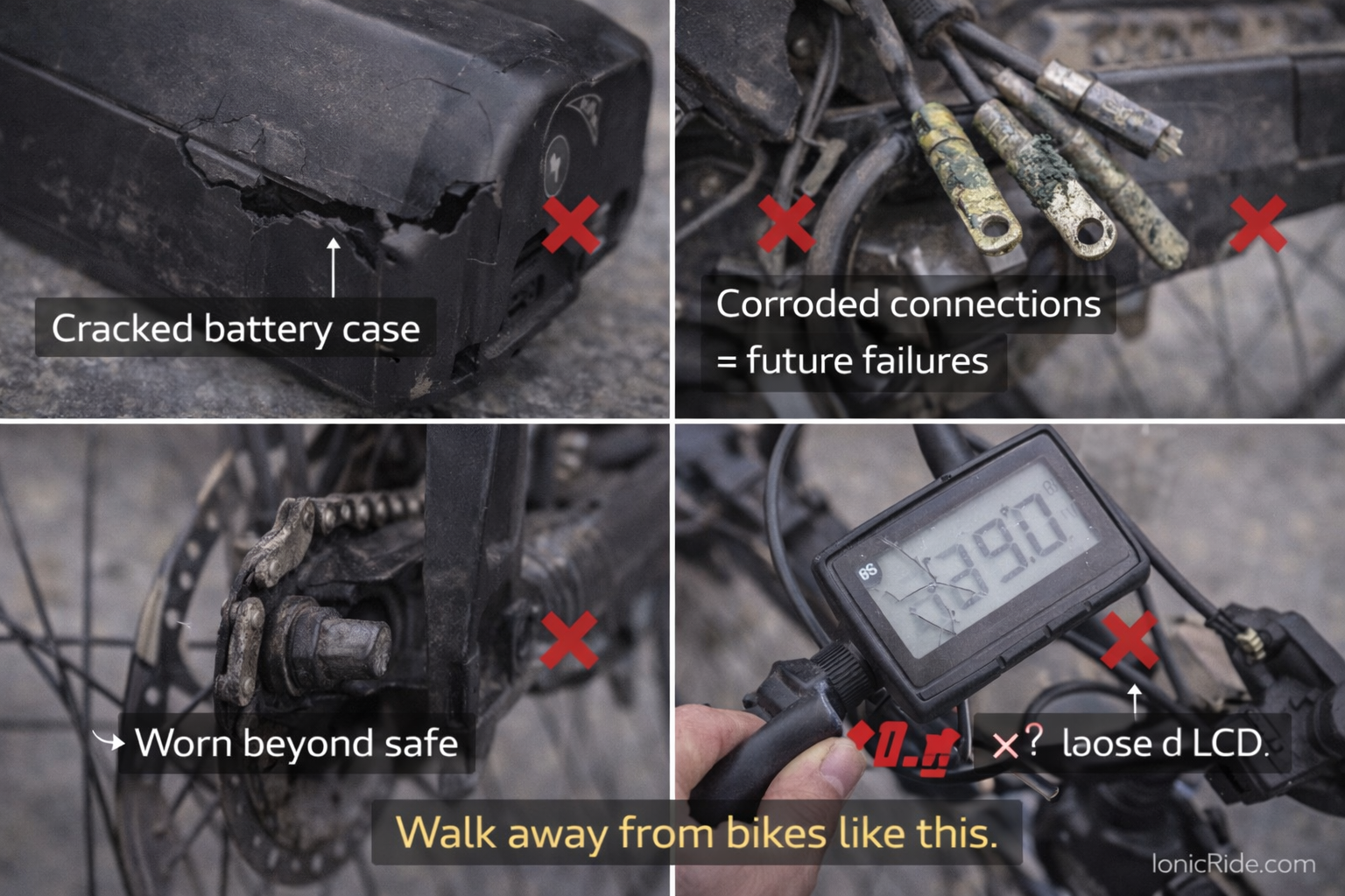 Used E-Bike Red Flags and Warning Signs Dubai Multiple warning signs on used e-bike showing cracked battery case corroded connections worn brakes and damaged display indicating walk away deal