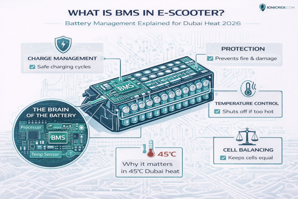 Educational infographic explaining what a BMS is in an e-scooter battery and why it matters in Dubai heat