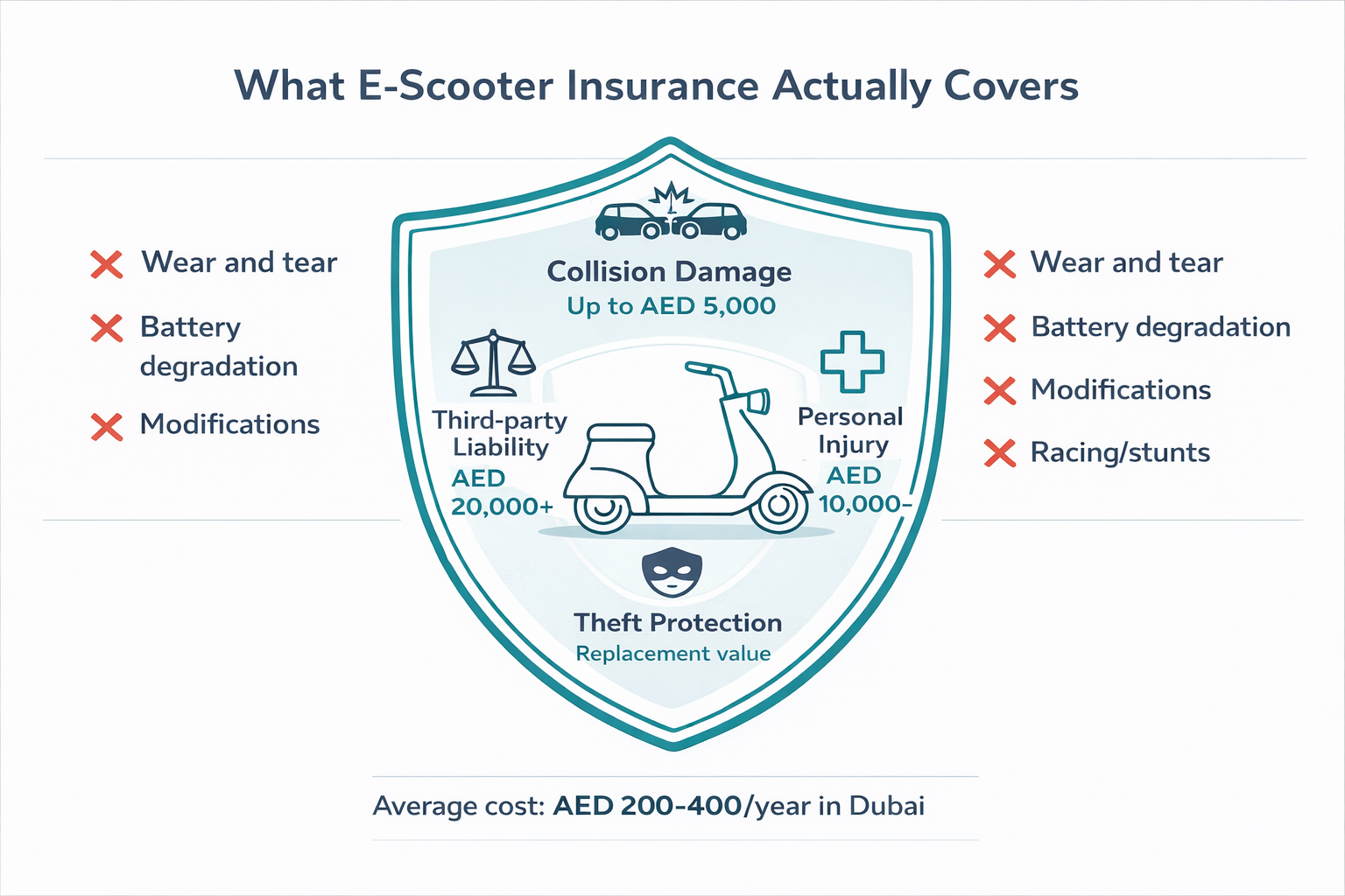 Infographic showing what e-scooter insurance covers in Dubai including liability, theft and damage elements