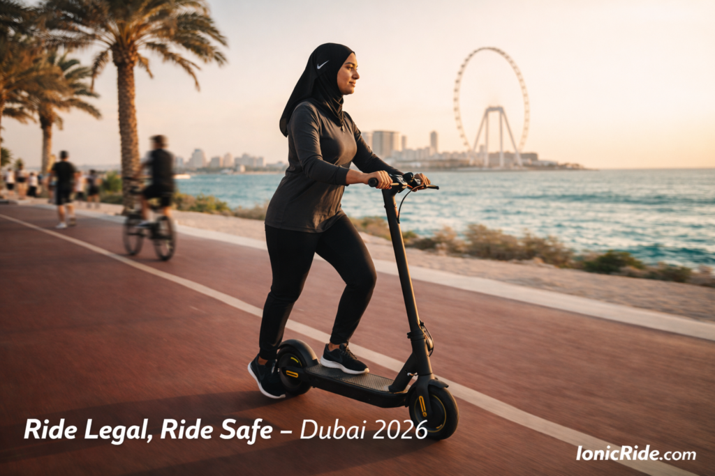 Comprehensive map of Dubai showing legal e-scooter riding zones including cycle tracks, permitted areas, and restricted zones with color-coded designations