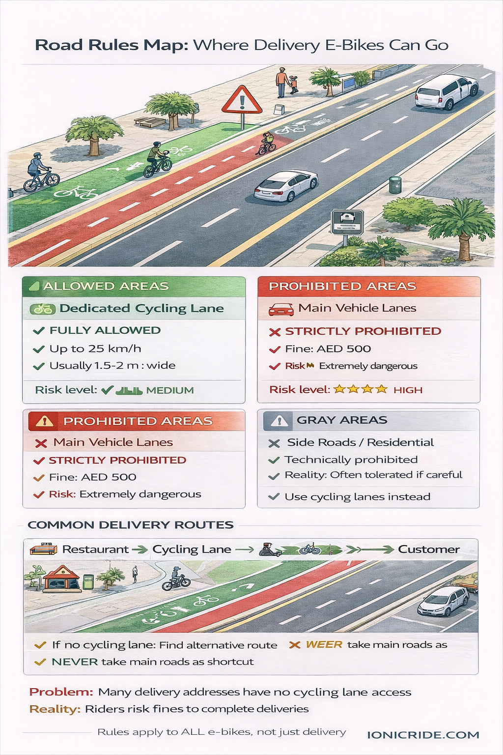 Where Delivery E-Bikes Can and Can’t Ride in Dubai Infographic showing where delivery e-bikes can and cannot be ridden in Dubai including cycling lanes and restricted roads