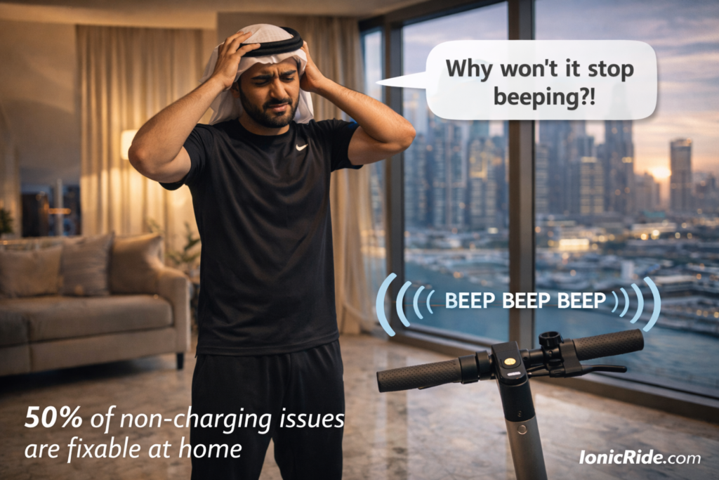 Visual guide showing 7 common e-scooter beep patterns with meanings including low battery, brake error, overheating, and system warnings