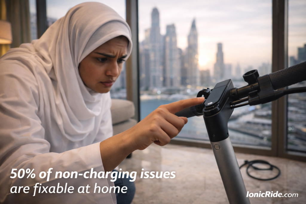 Comprehensive troubleshooting guide for dead e-scooter showing common causes including battery, fuse, power button, and connection issues in Dubai conditions