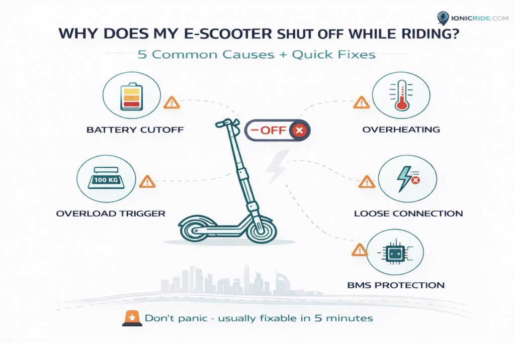 Troubleshooting infographic showing why an e-scooter shuts off while riding including battery cutoff, overheating and overload