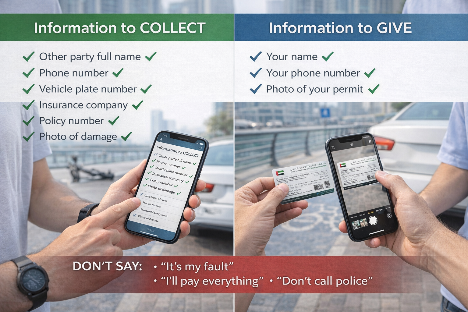 Accident information exchange checklist showing what details to collect and provide after e-scooter collision in Dubai with warnings about admitting fault