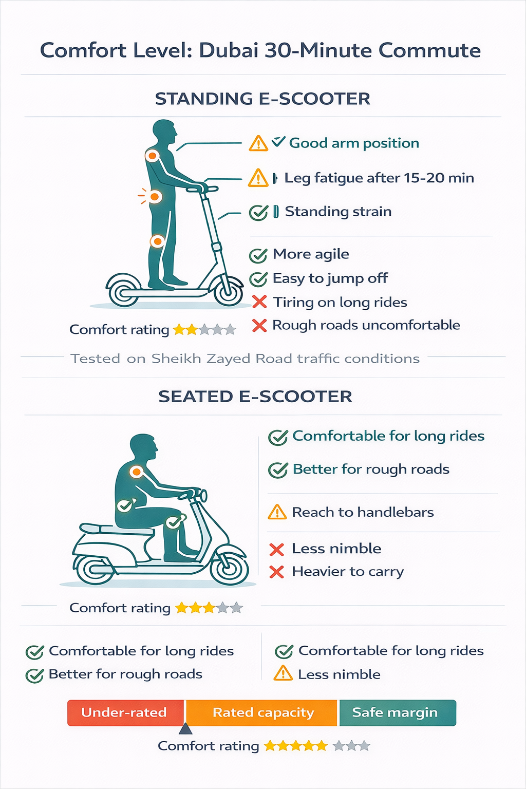 Infographic comparing e-scooter commute scenarios in Dubai including short trips, metro links and long rides