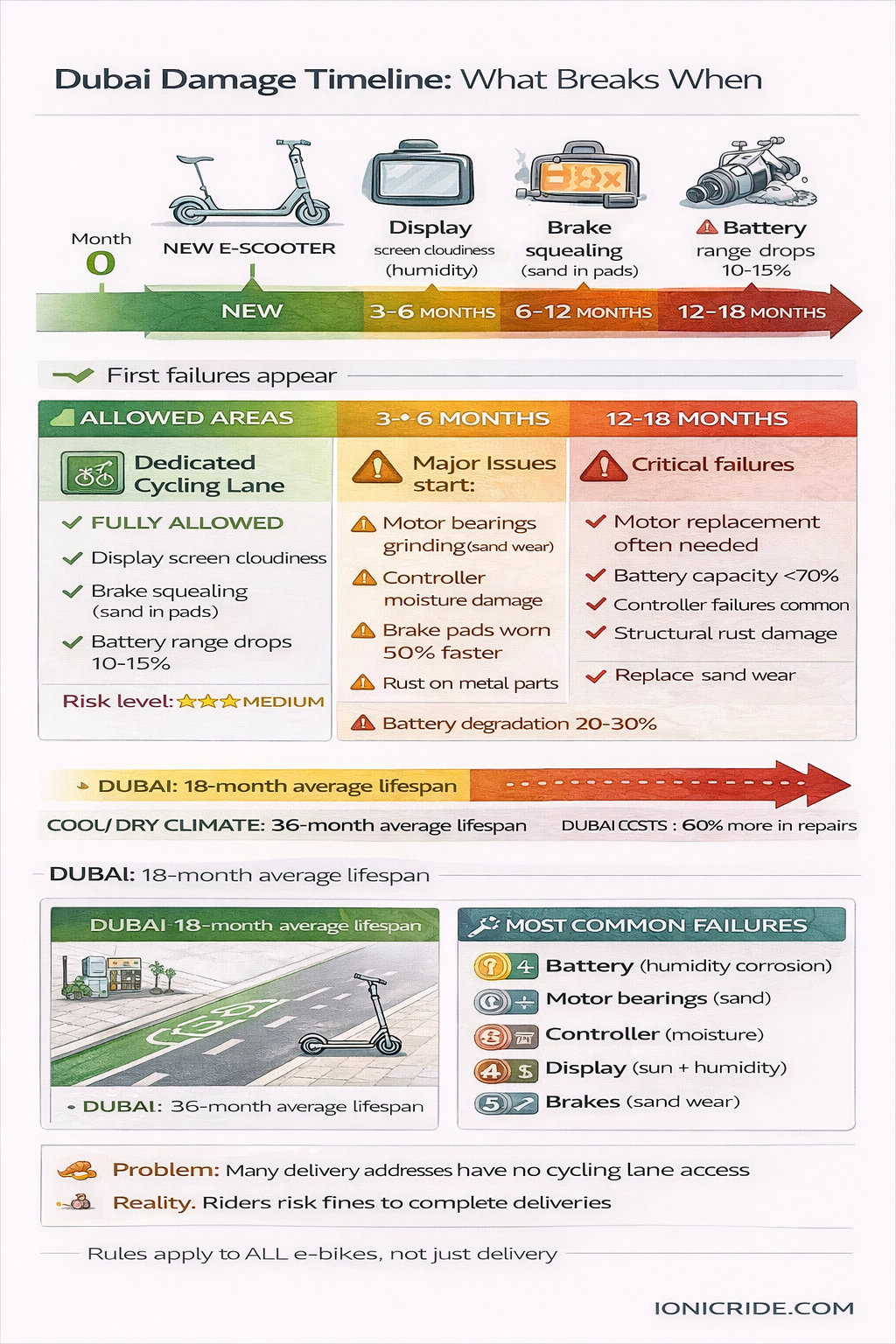 E-Scooter Components That Fail First in Dubai Conditions Infographic highlighting e-scooter components that typically fail first in Dubai climate such as battery, motor and bearings