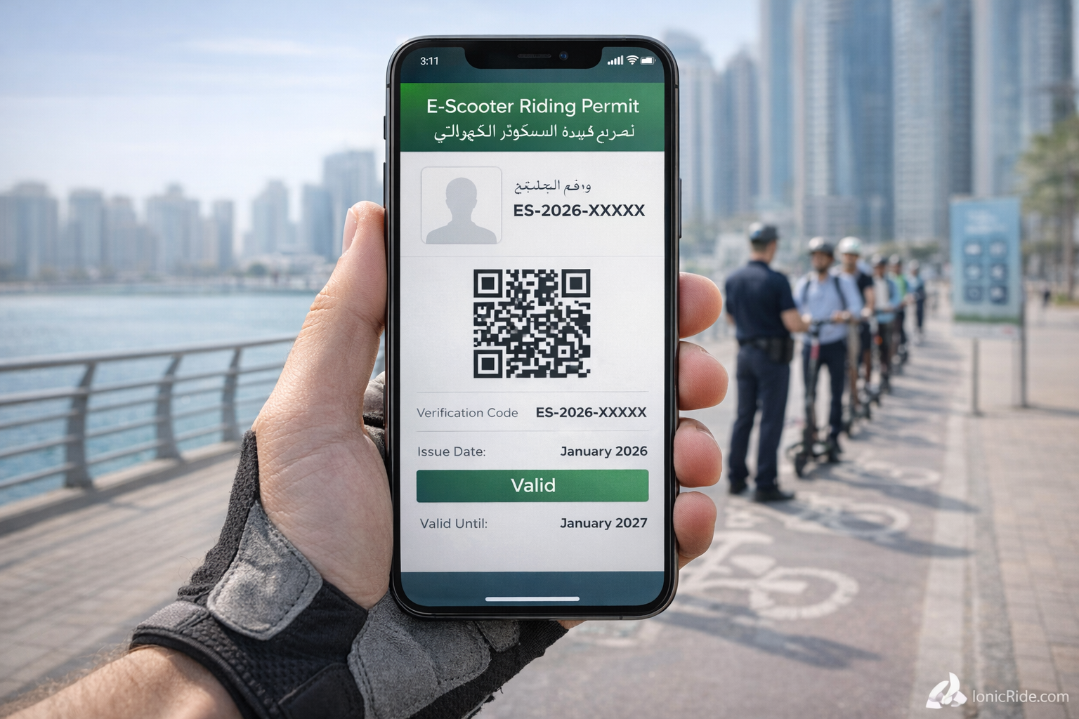Digital E-Scooter Permit App Interface 2026 Smartphone displaying valid e-scooter digital riding permit with QR code verification showing approved status for legal Dubai riding in 2026