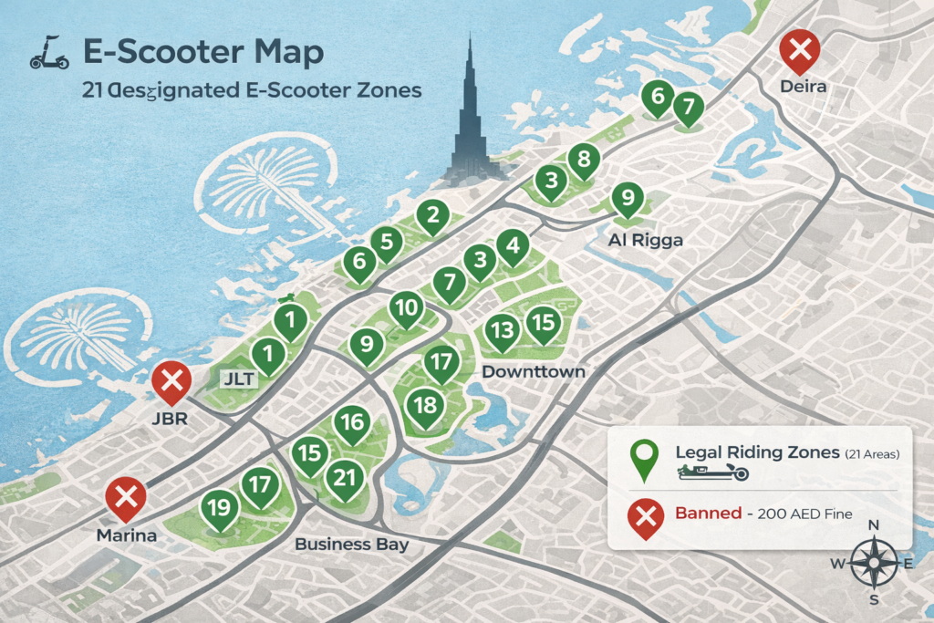 Dubai e-scooter zone map showing all 21 RTA designated legal riding areas in green with banned zones marked in red including JLT Downtown Internet City and prohibited locations
