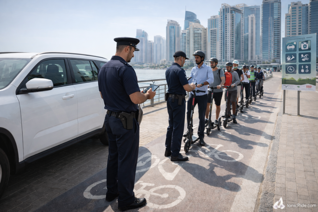 Authority figure checking e-scooter rider permit in Dubai 2026 with modern cityscape background showing enforcement of new regulations and digital permit verification