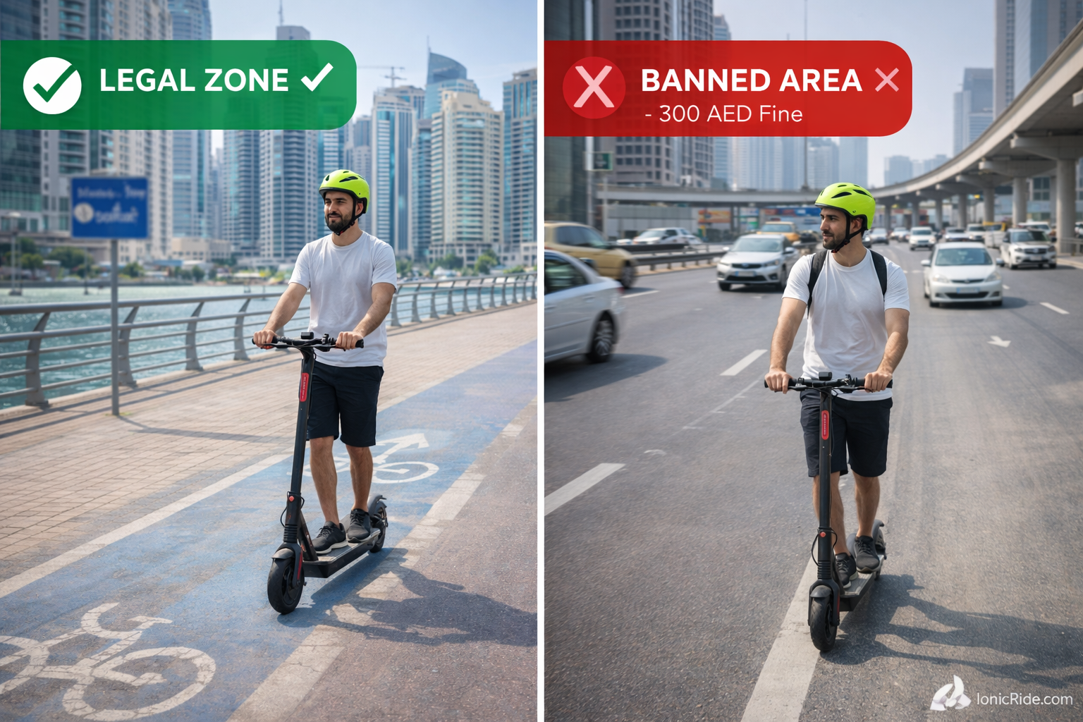 Legal vs Illegal E-Scooter Zones Dubai Comparison Side by side comparison showing legal e-scooter riding in Dubai designated cycling zone versus dangerous illegal riding on highway with penalty warnings