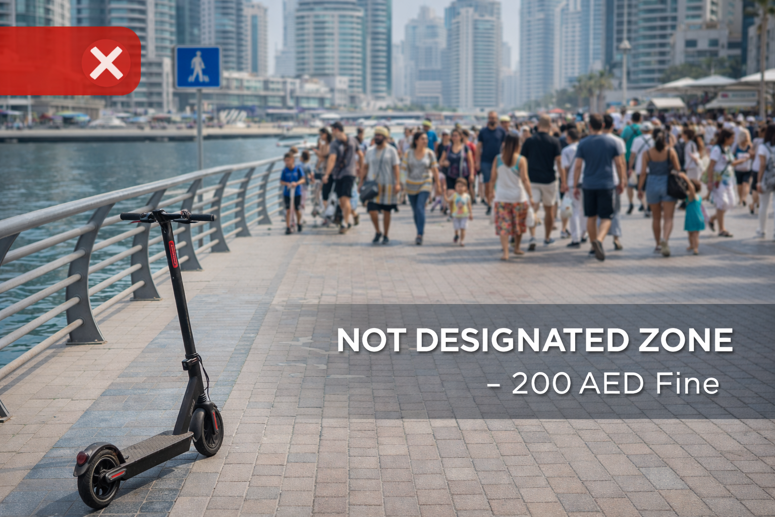 Dubai Marina Walk crowded pedestrian promenade showing why e-scooters are banned despite having walkway infrastructure - not a designated RTA zone
