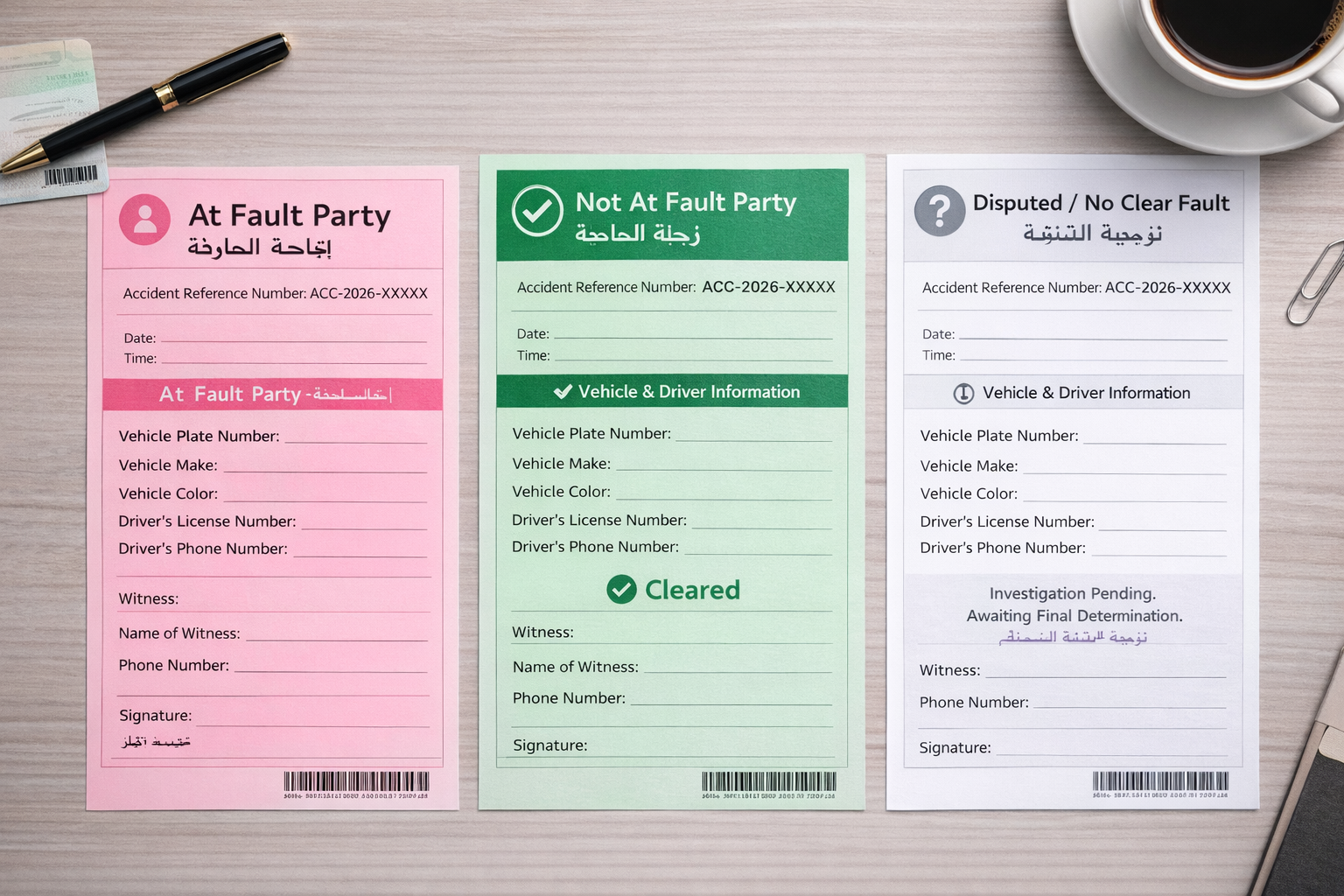 Dubai Police accident fault determination forms showing pink at-fault green not-at-fault and white no-fault color-coded reports for insurance liability assignment