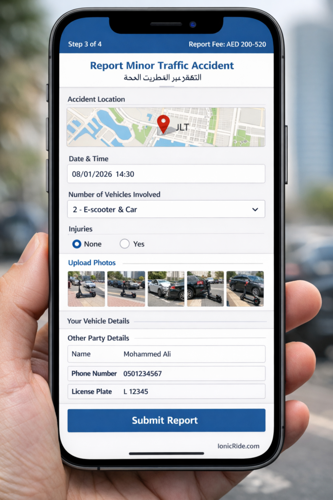 First 60 seconds emergency action checklist after e-scooter accident showing critical steps from stopping immediately to exchanging information and calling police