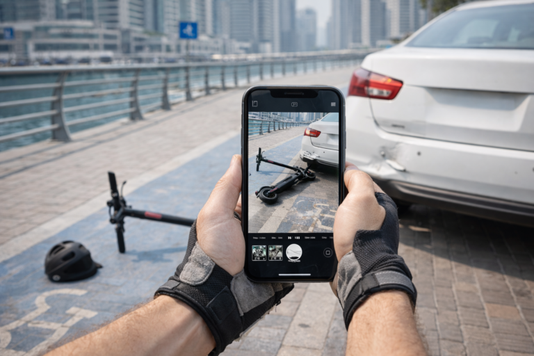 E-scooter accident scene documentation in Dubai showing proper photo evidence collection of vehicle damage location and cycling lane for police report and insurance claims
