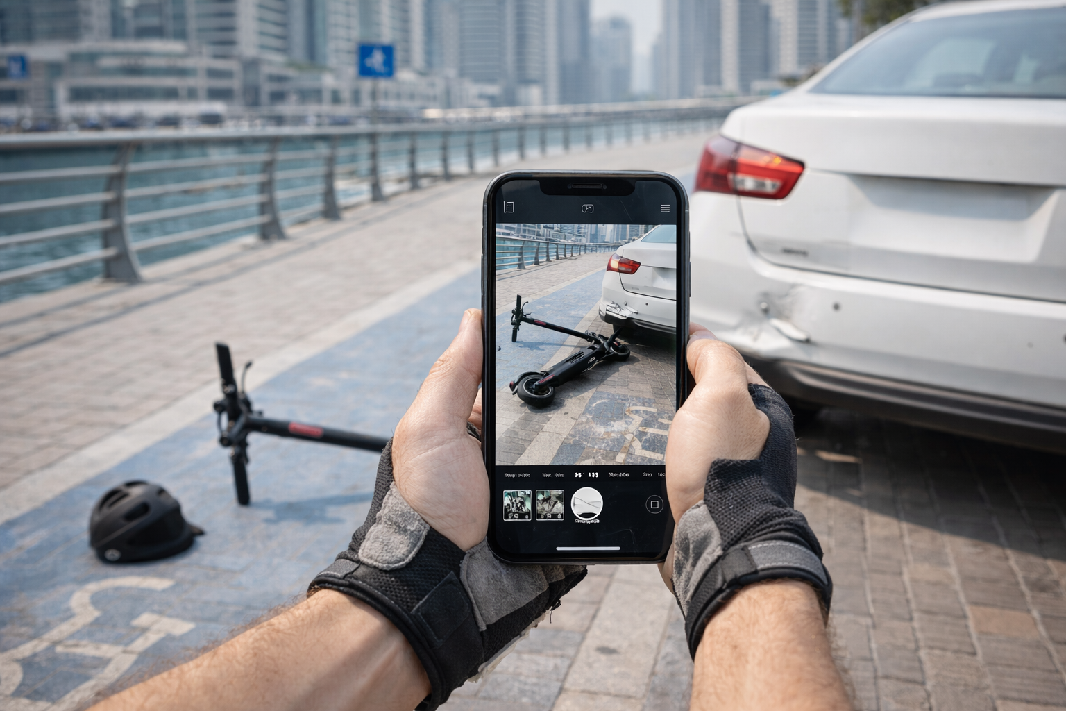 Proper e-scooter accident photo documentation showing six essential angles including wide scene vehicle damage license plates and location context for Dubai police reports