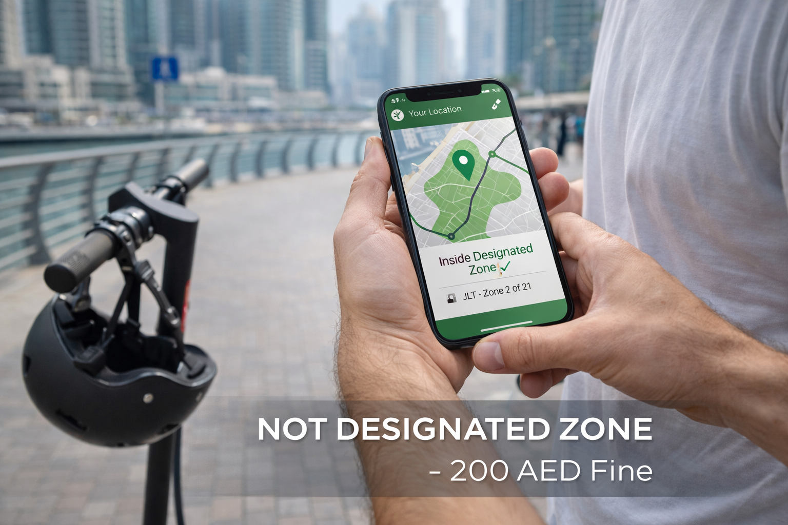 E-scooter rider using smartphone to verify location is within Dubai designated zone before riding showing responsible compliance checking with map interface