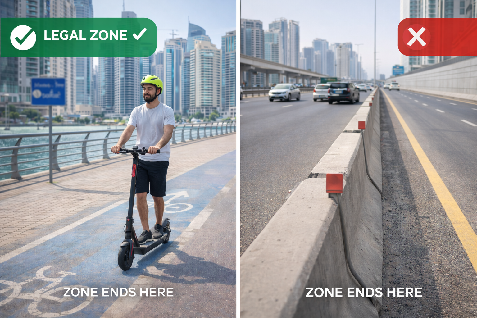 JLT e-scooter zone boundary demonstration showing legal cycling lane area versus Sheikh Zayed Road highway barrier where riding is prohibited and fines apply