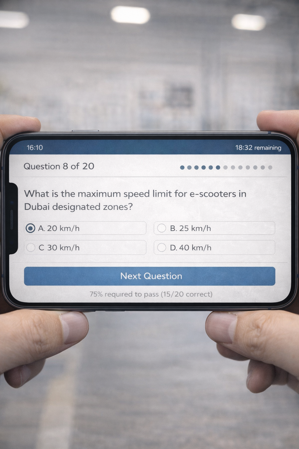 E-scooter permit approved success screen showing digital certificate with QR code permit number and download options for Dubai riders after passing test