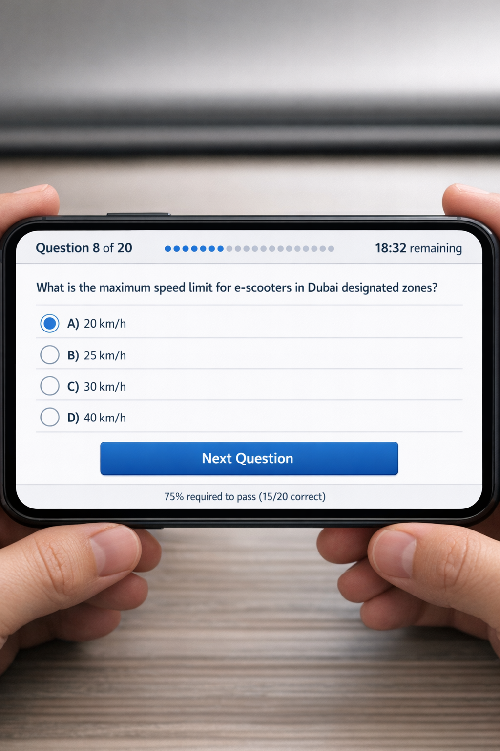 E-scooter permit test screen showing multiple choice question about speed limits with 20 question format timer and minimum pass score requirements