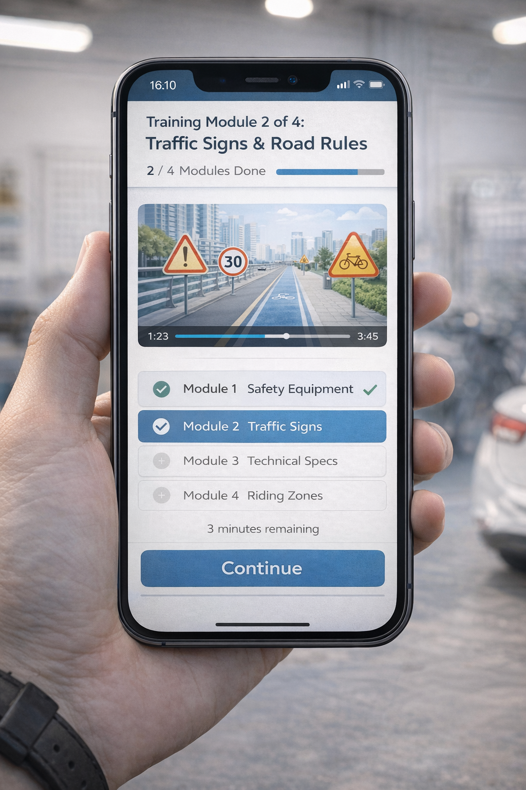 E-scooter permit training module screen showing traffic signs and road rules education with video tutorial progress tracking and module completion status