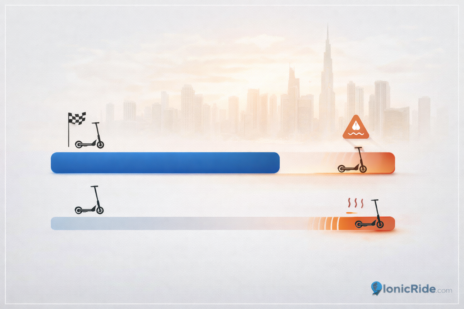 Advertised e-scooter range vs real Dubai range chart showing how heat, speed and load reduce real-world distance