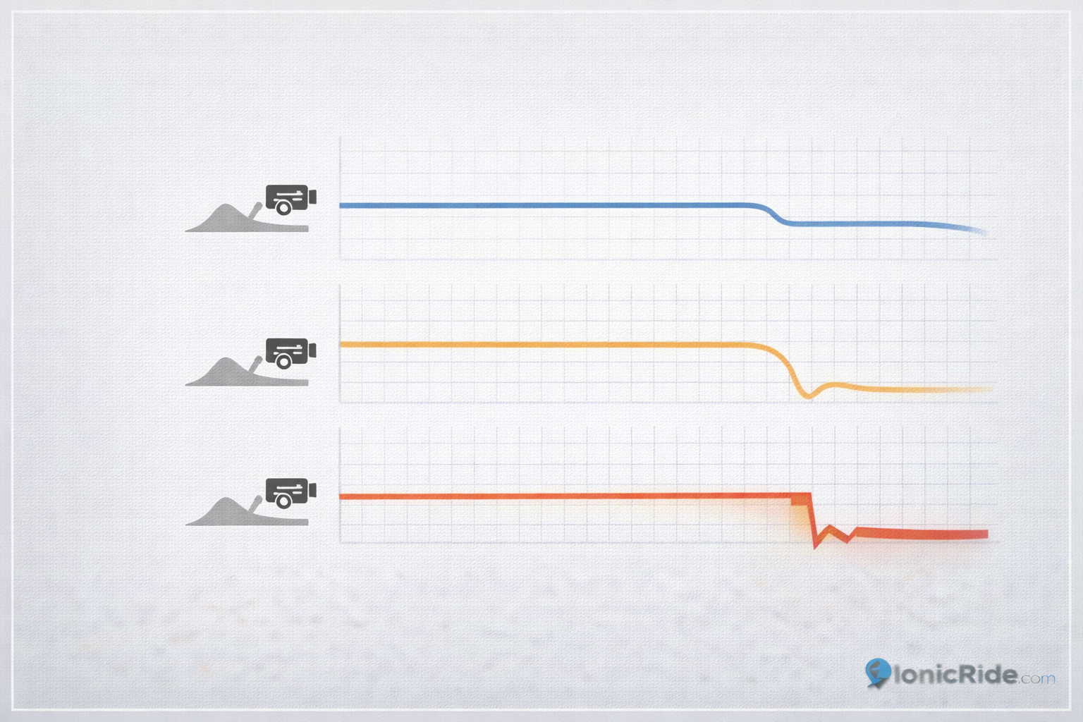 Battery voltage sag chart for an e-scooter showing how voltage drops under load and causes reduced power on hills