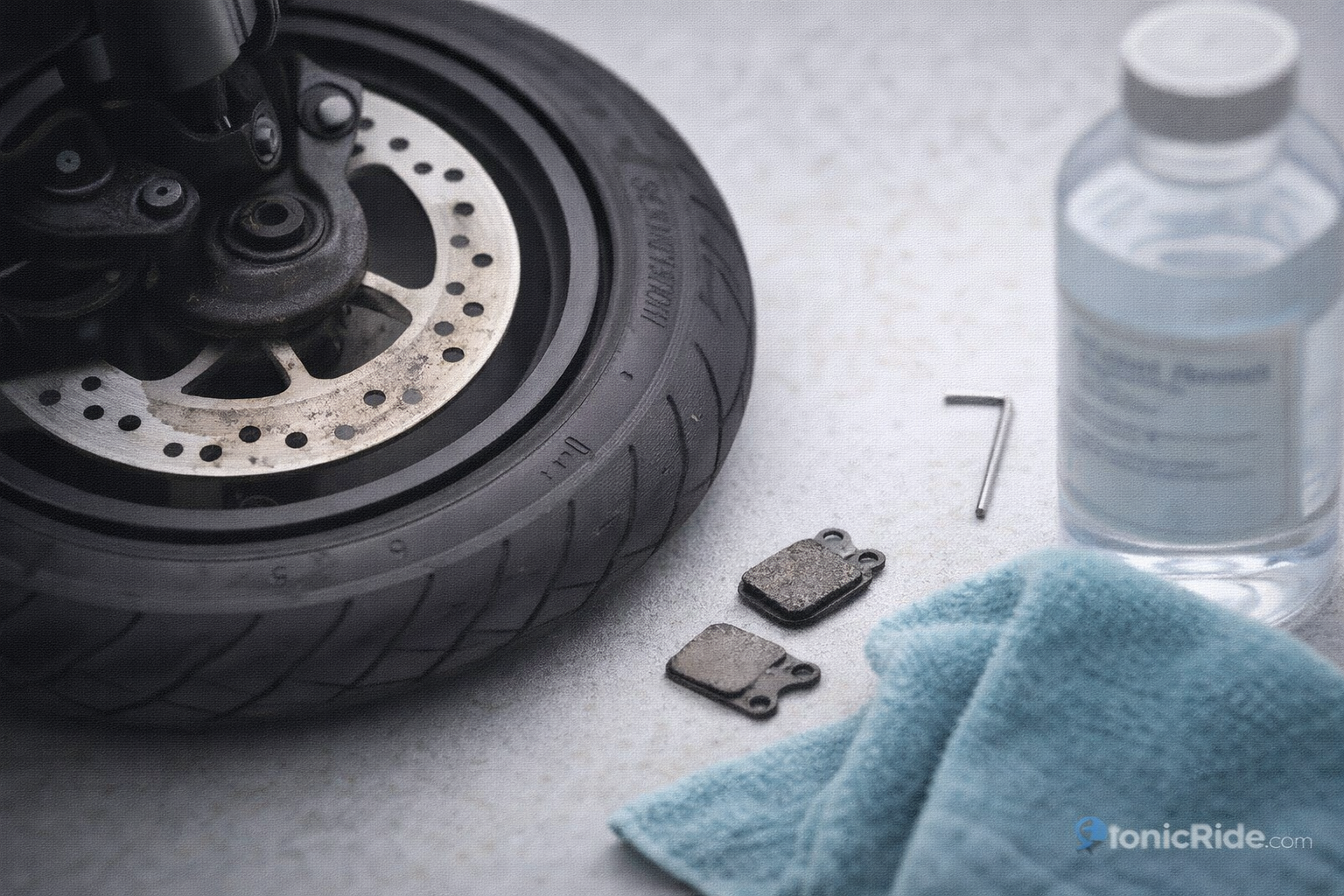 Close-up of e-scooter front brake rotor and caliper with cleaning tools for fixing brake squeal