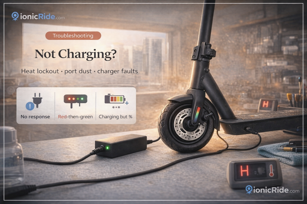 E-scooter battery not charging in Dubai featured image summarizing 12 common reasons and solutions including charger, port, BMS and wiring
