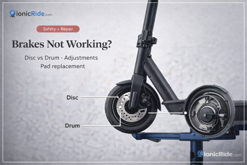 E-scooter brakes not working in Dubai featured image covering disc vs drum brakes, adjustment steps and pad replacement