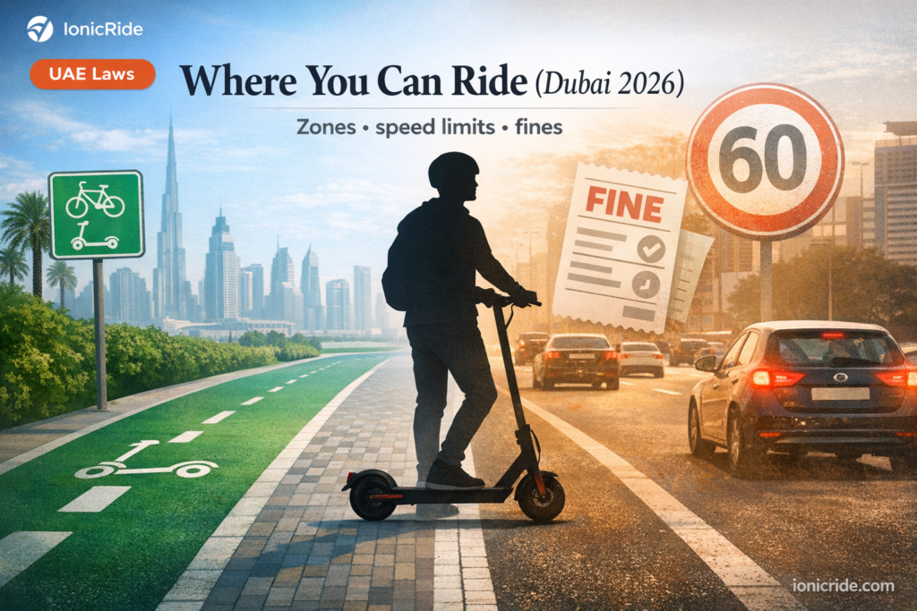 E-scooter legal in Dubai 2026 featured image showing where you can ride, speed limits and fines with a clear zone contrast