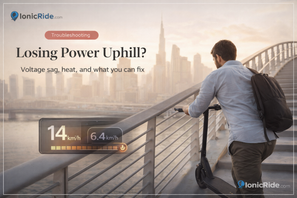 E-scooter loses power going uphill in Dubai infographic explaining common causes and how to fix weak hill climbing