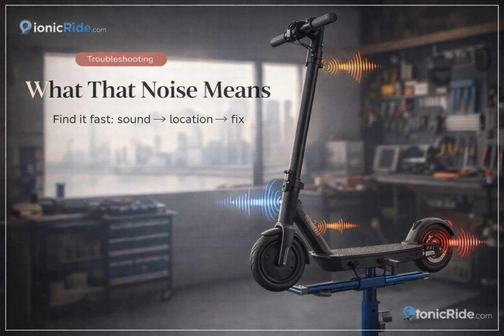 Dubai troubleshooting guide showing an e-scooter on a workshop stand with sound waves from brakes, stem and rear wheel