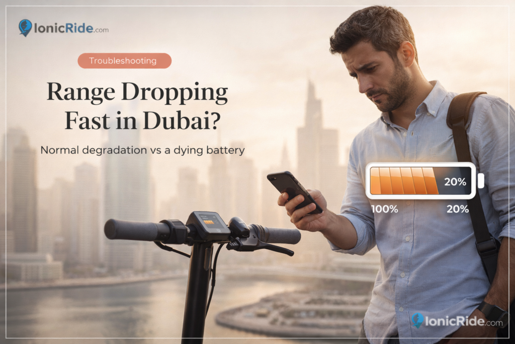 E-scooter running out of range early in Dubai infographic explaining why the battery dies too fast in heat and real riding conditions