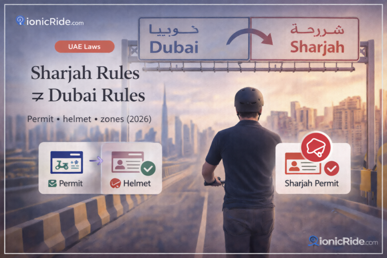 E-scooter Sharjah laws 2026 featured image explaining different rules from Dubai including permits, zones and enforcement